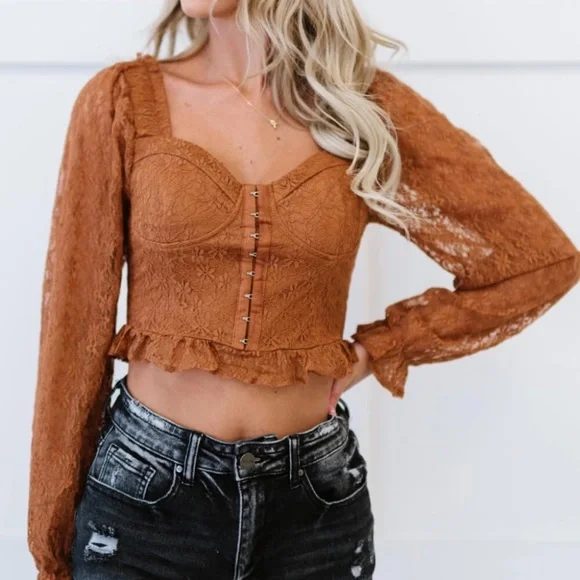 Chocolate USA Lace Corset Flounce Sleeve Crop Top - Picture 1 of 11